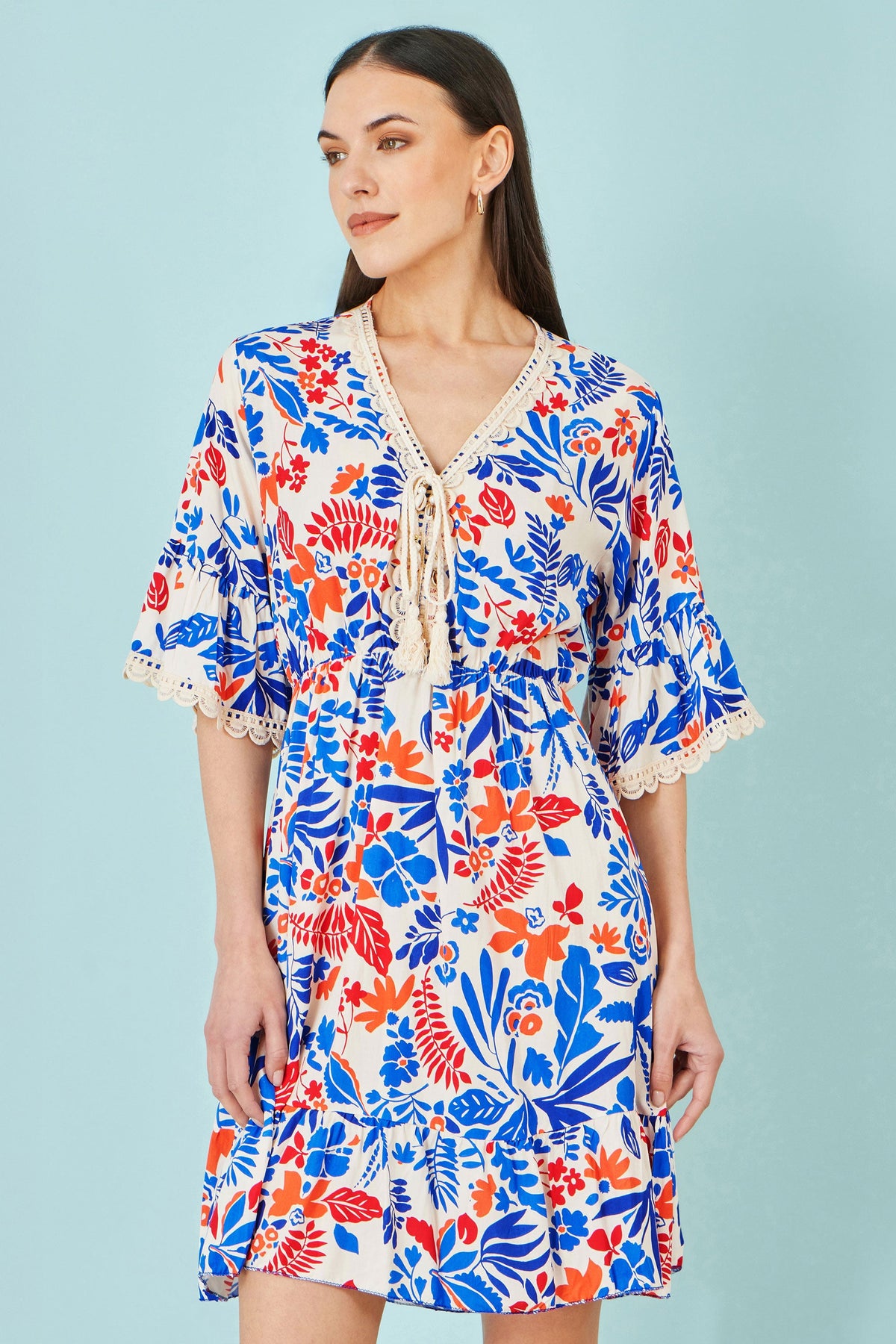 Multicolour Leaf Print Viscose Kimono Sleeve Tunic