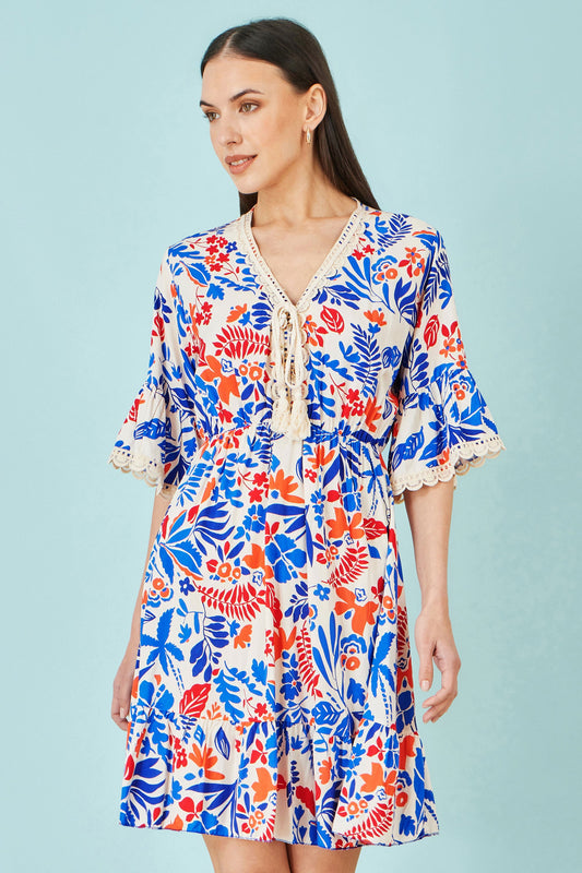 Multicolour Leaf Print Viscose Kimono Sleeve Tunic