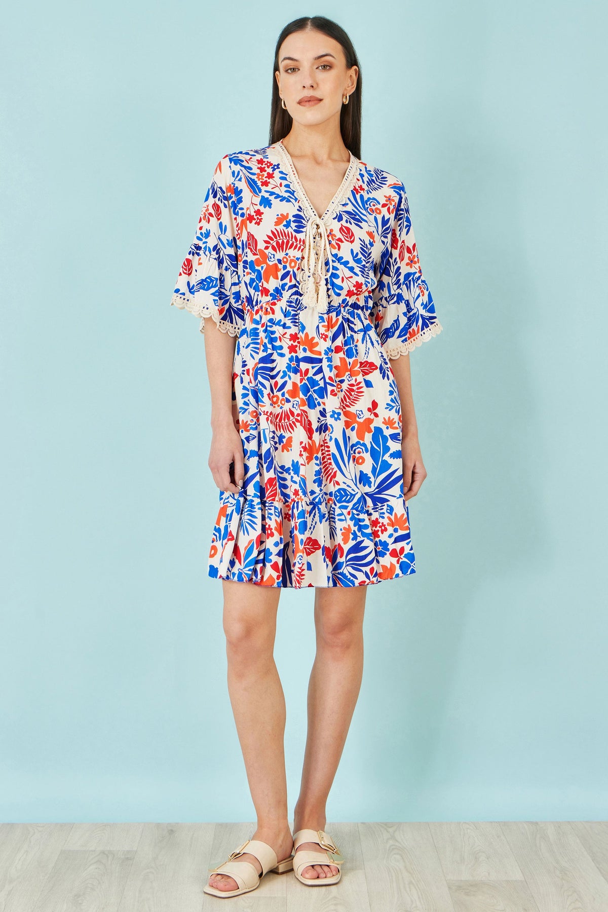 Multicolour Leaf Print Viscose Kimono Sleeve Tunic