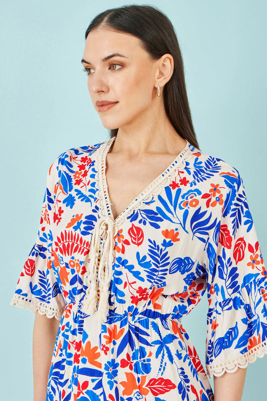 Multicolour Leaf Print Viscose Kimono Sleeve Tunic