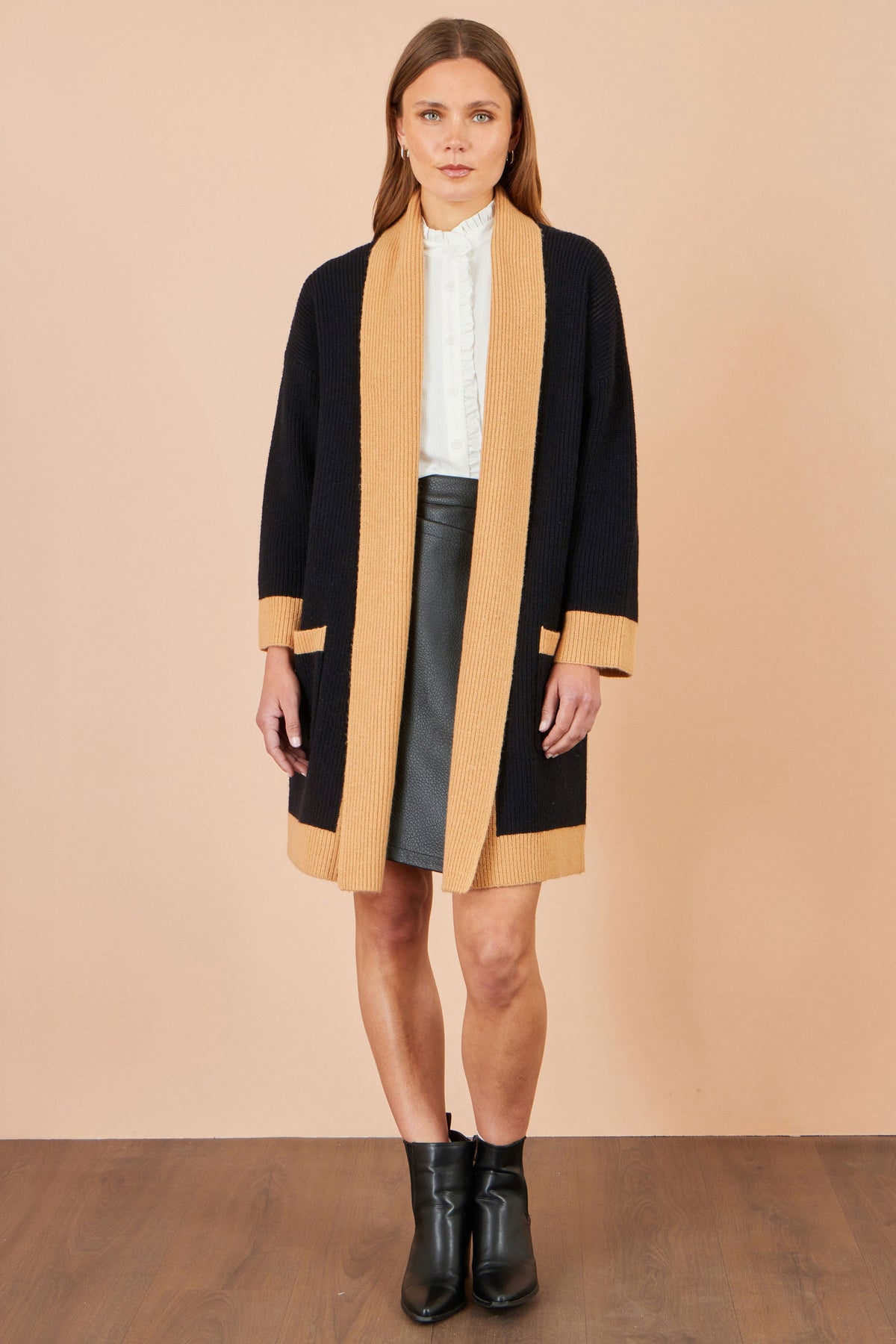 Black Open Cardigan With Contrast Border