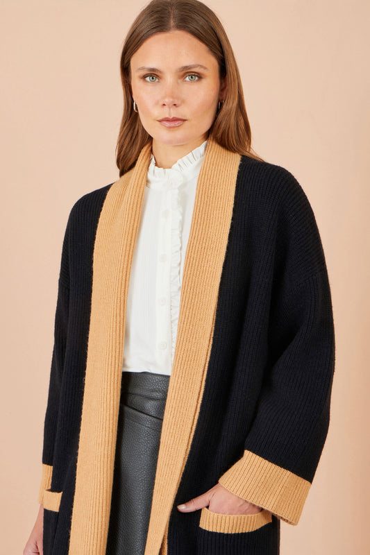 Black Open Cardigan With Contrast Border