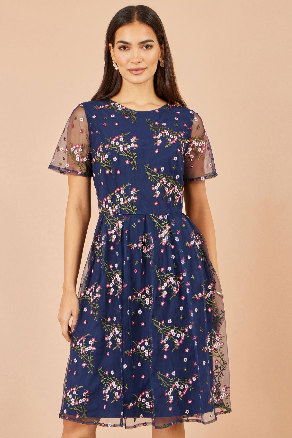 Navy Embroidered Floral Mesh Prom Dress