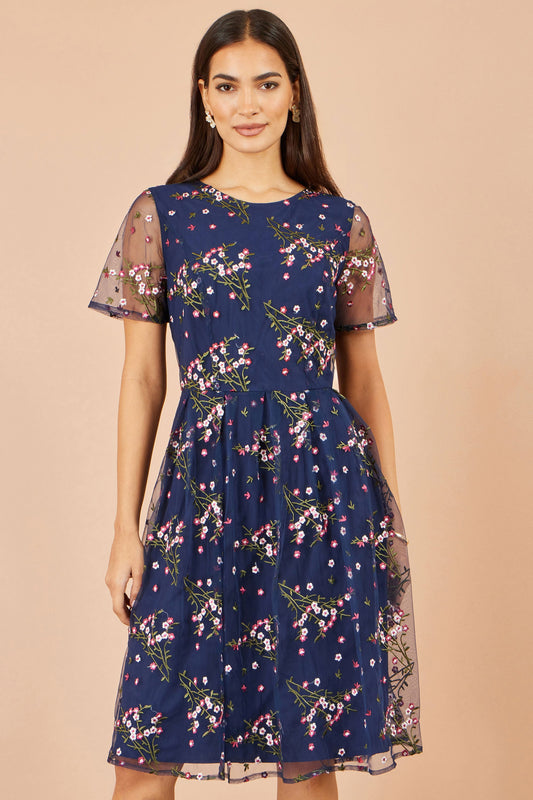Navy Embroidered Floral Mesh Prom Dress