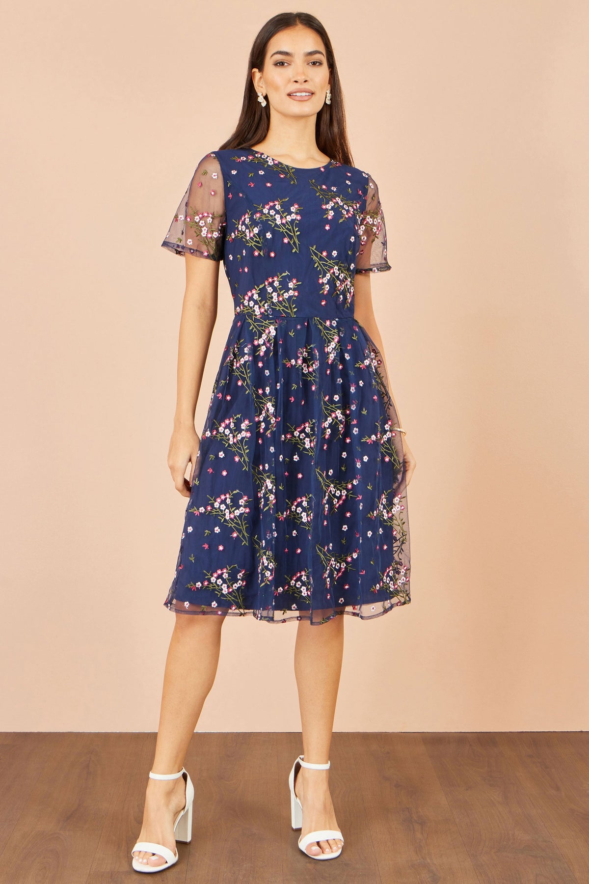 Navy Embroidered Floral Mesh Prom Dress