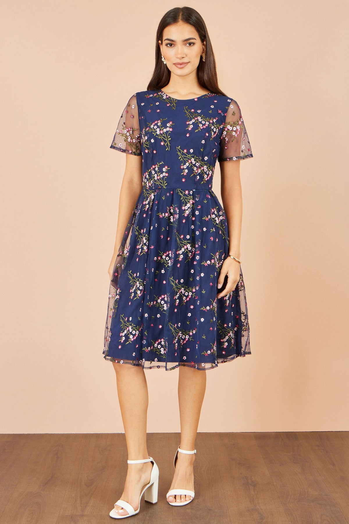 Navy Embroidered Floral Mesh Prom Dress