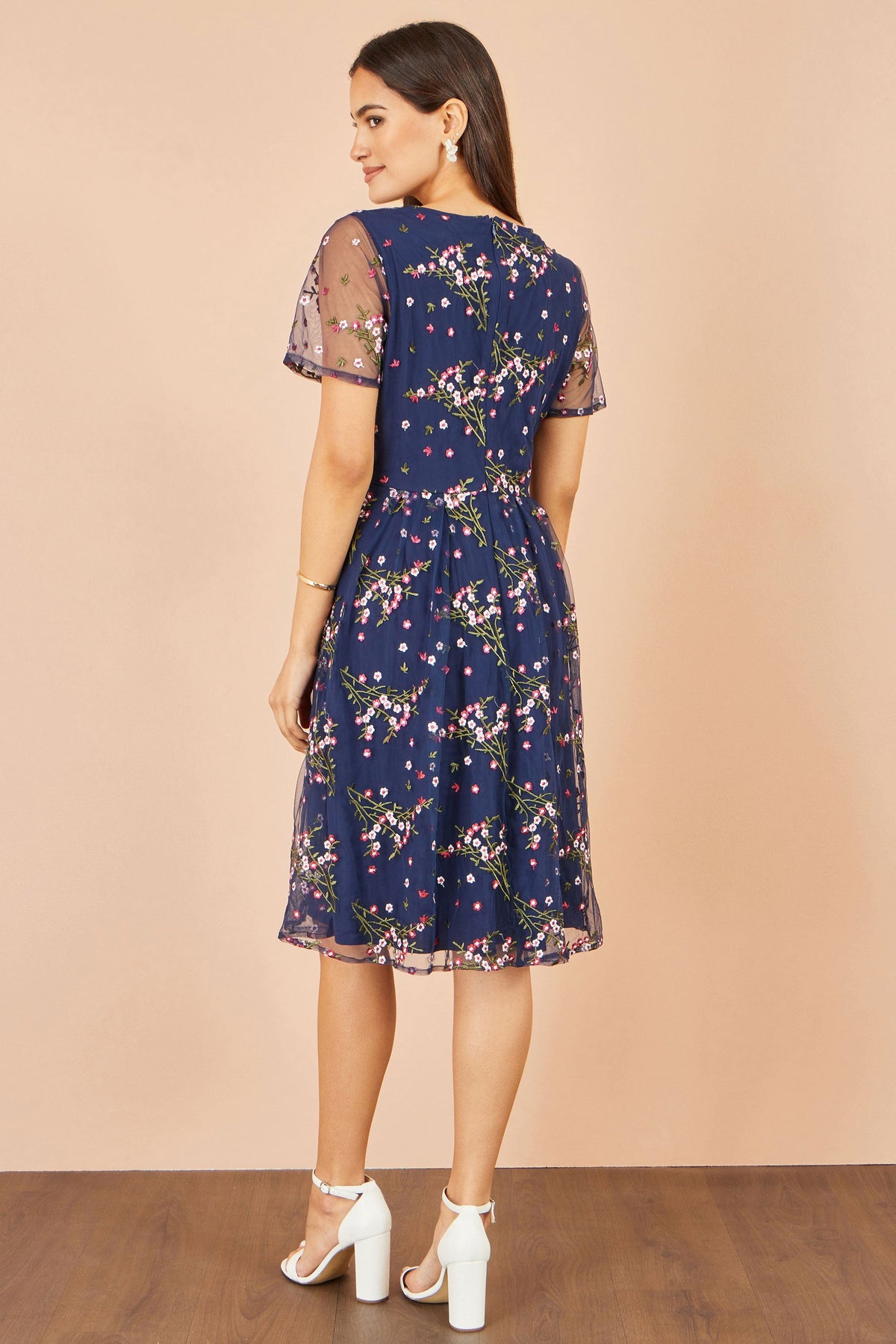 Navy Embroidered Floral Mesh Prom Dress