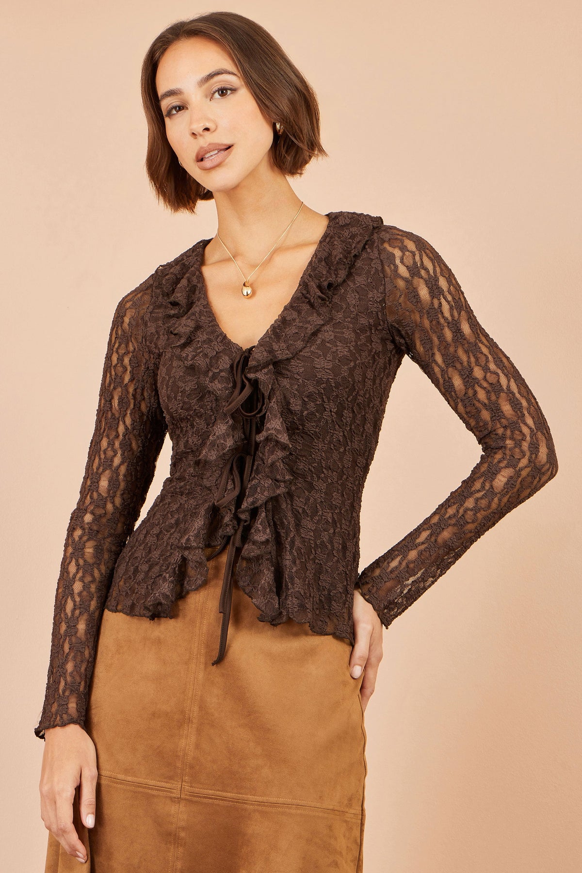Brown Ruffle Lace Top