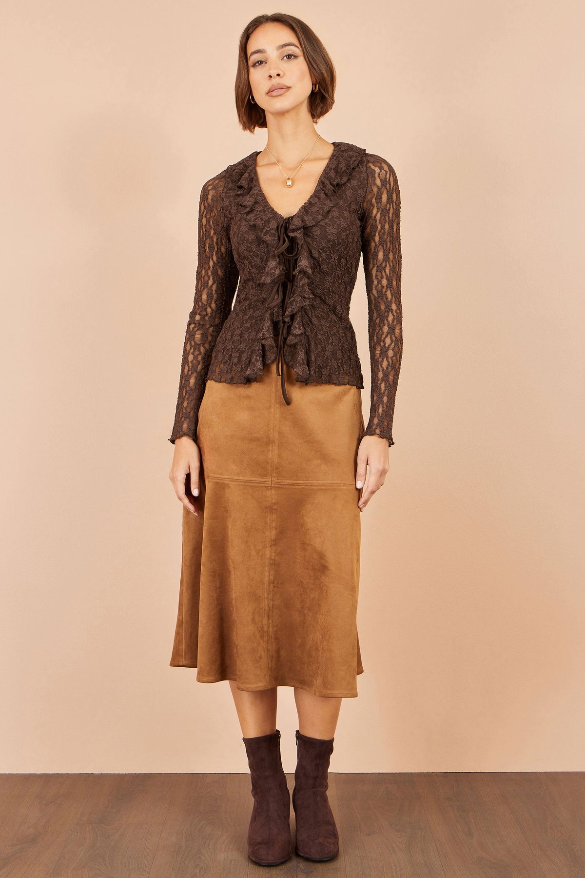 Brown Ruffle Lace Top