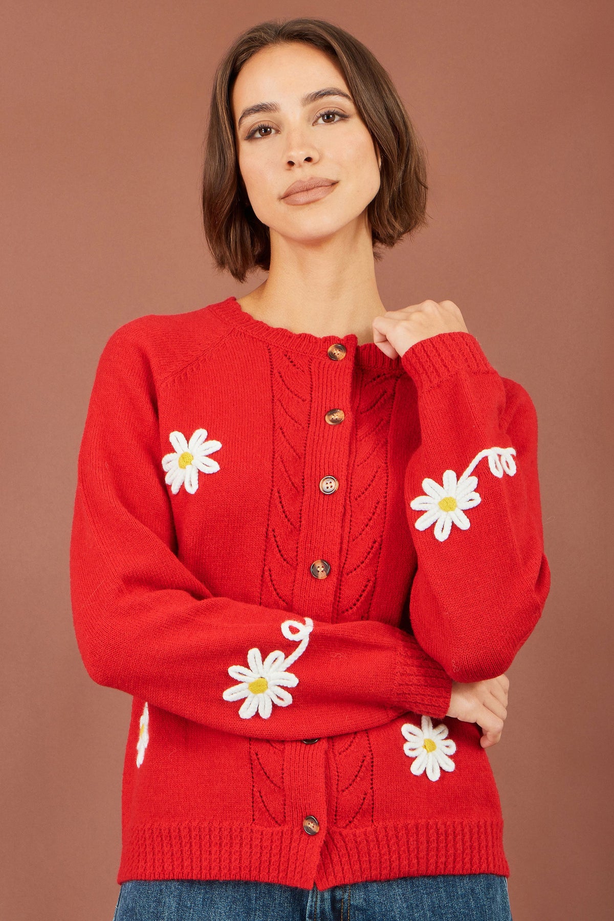 Red Daisy Stitch Cardigan