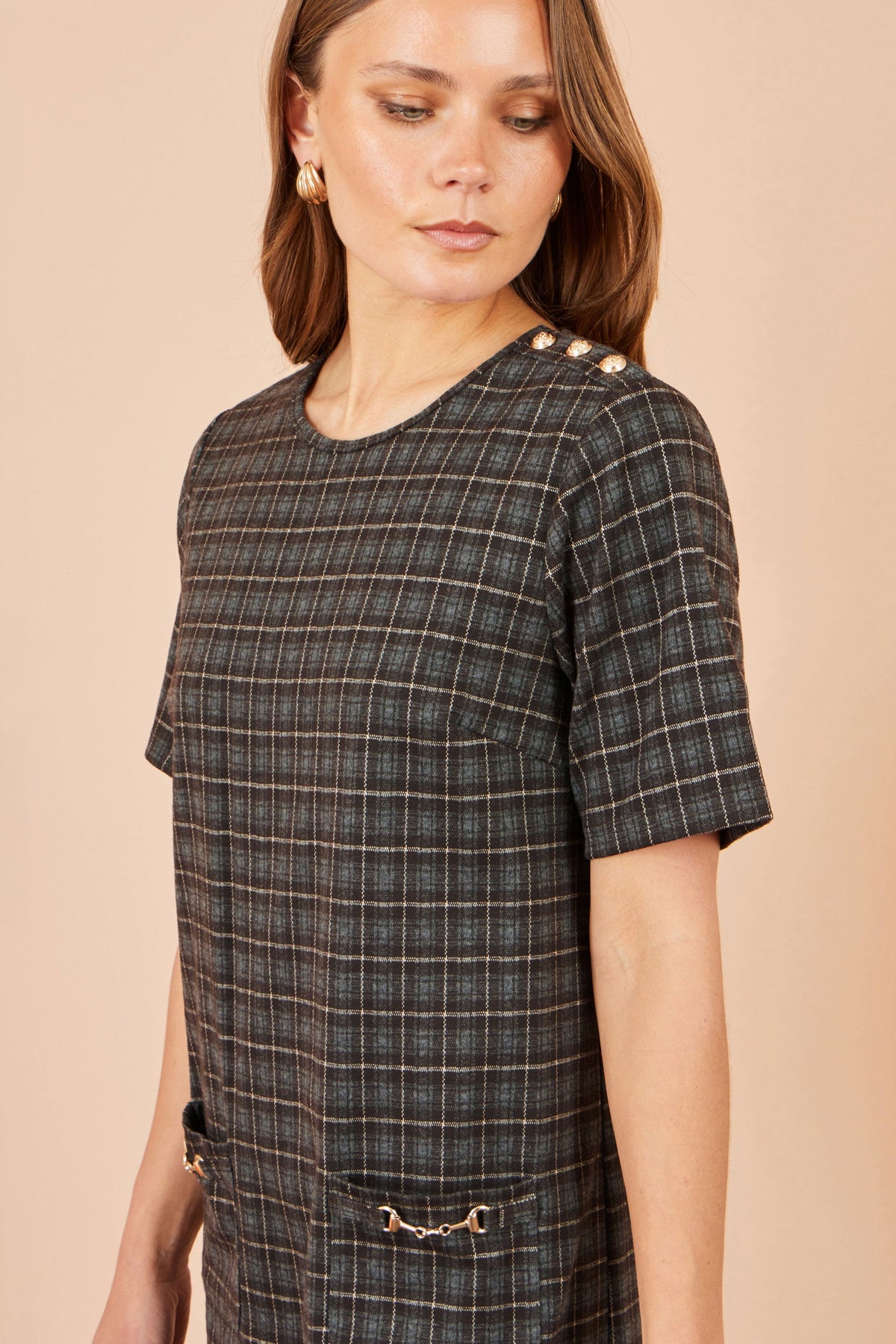 Brown Check Tunic With Buckles