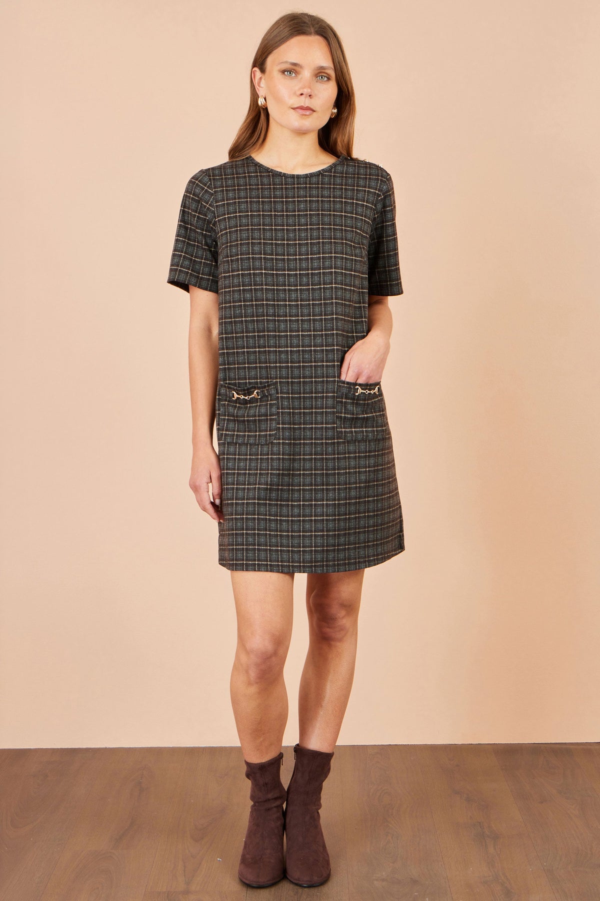 Brown Check Tunic With Buckles