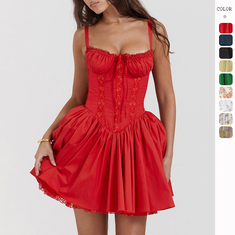 Lace-Up Slim-Waist Pleated Short Dress