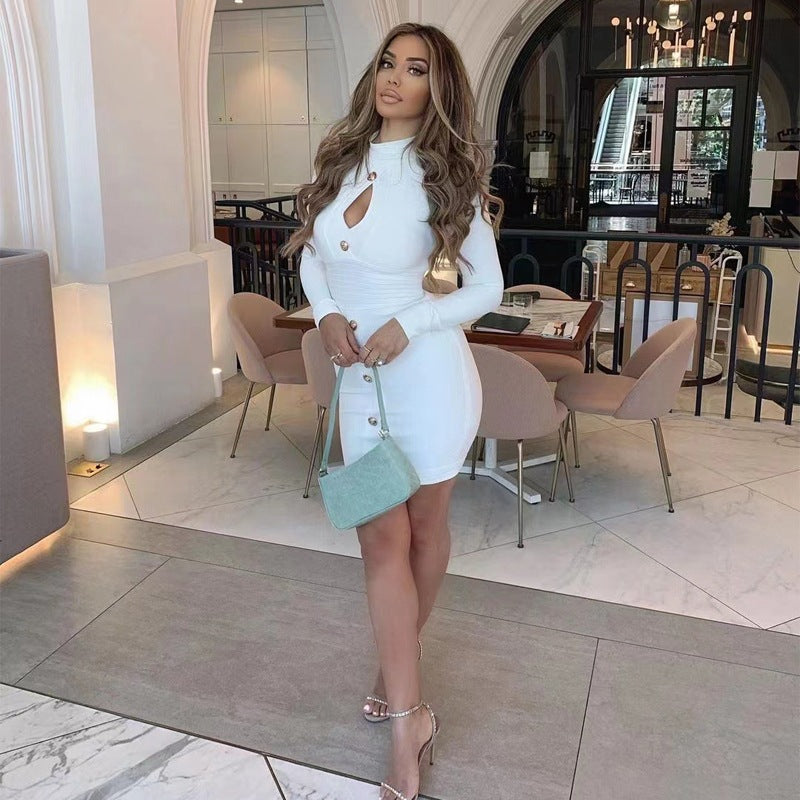 Chest-Hollow Metal Buckle Slim Sheath Bandage One-Piece Dress