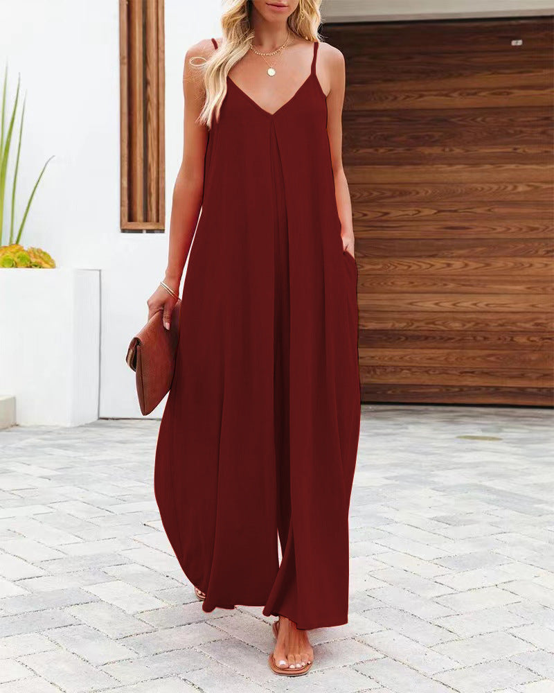 Women's Sling Wide-Leg Pants Solid-Colour Pocket Casual Jumpsuit