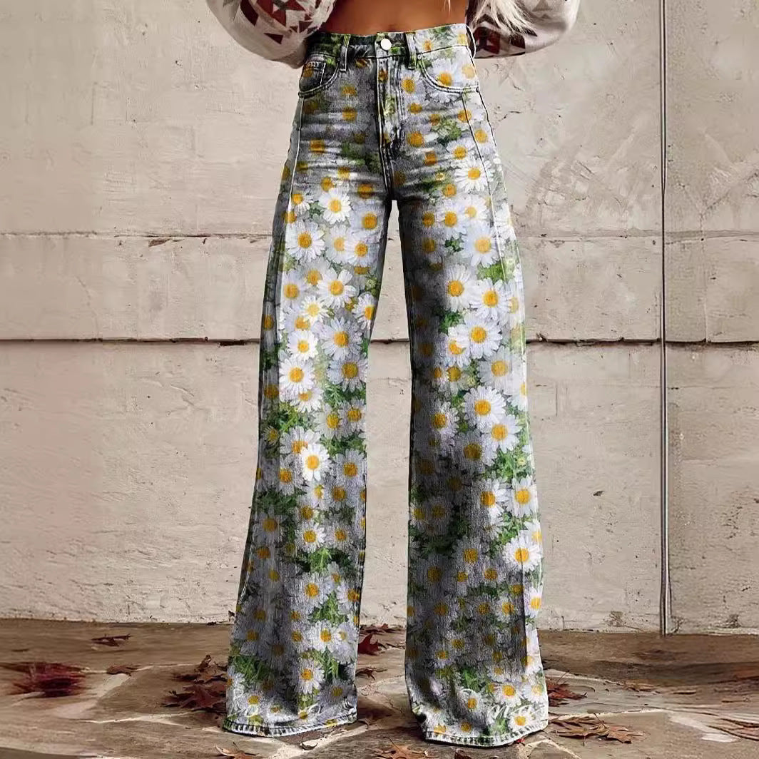 Women's 3D Printed Denim Wide-Leg Pants