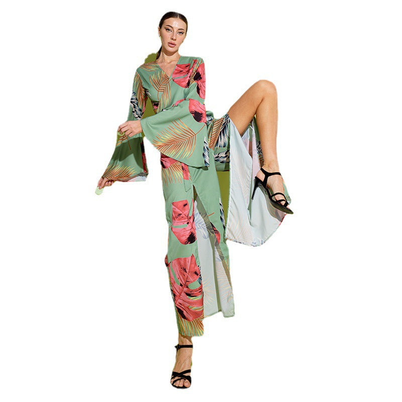 Street Bell Sleeve High Waist Slit Wide Leg Pants Suit
