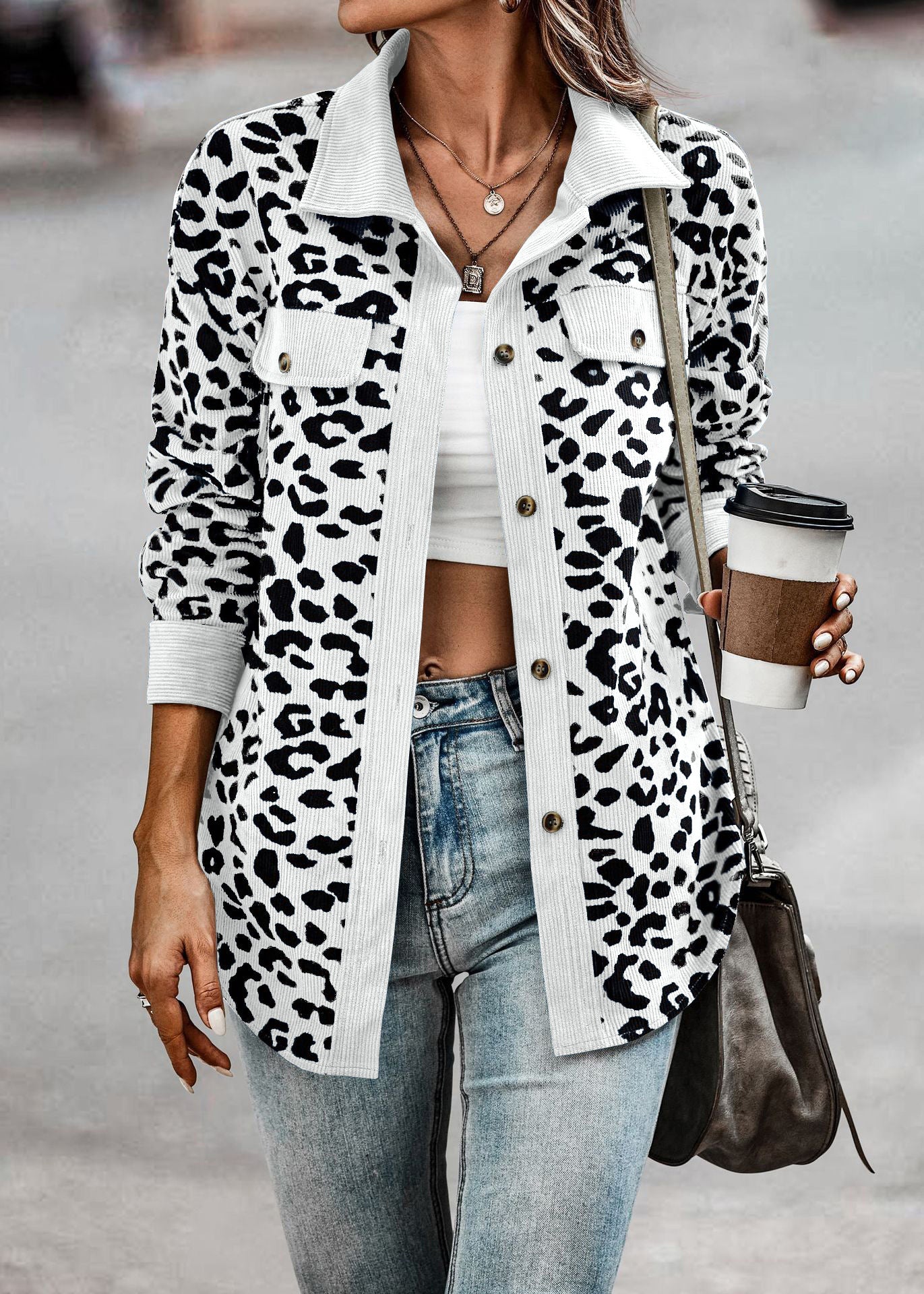 Leopard Print Corduroy Shirt Jacket