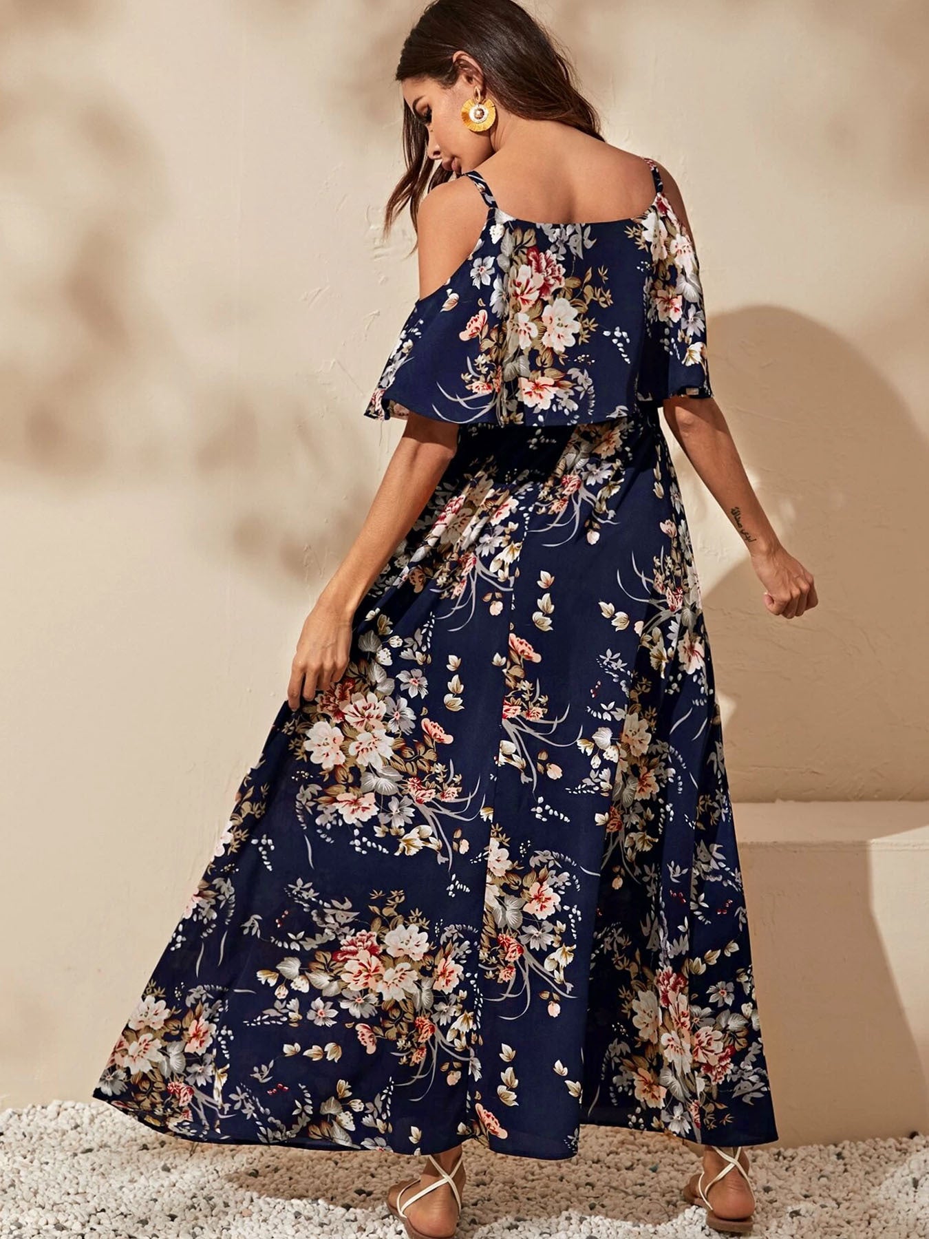 Strappy Floral Off-Shoulder Maxi Dress - US Only