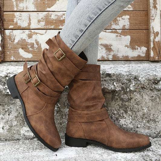 Low-Heel Vintage Adjustable-Buckle Boots