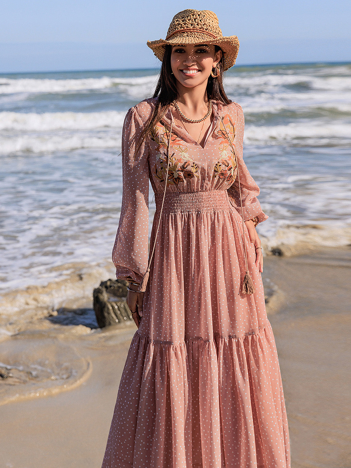 Embroidered Polka Dot Tie-Neck Long-Sleeve Midi Dress - US only