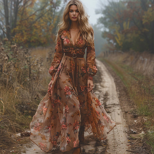 Cuffed-Sleeves Flowy Maxi Dress - US Only