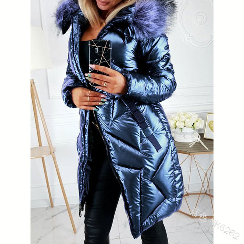 Glossy PU Big Fur Collar Jacket