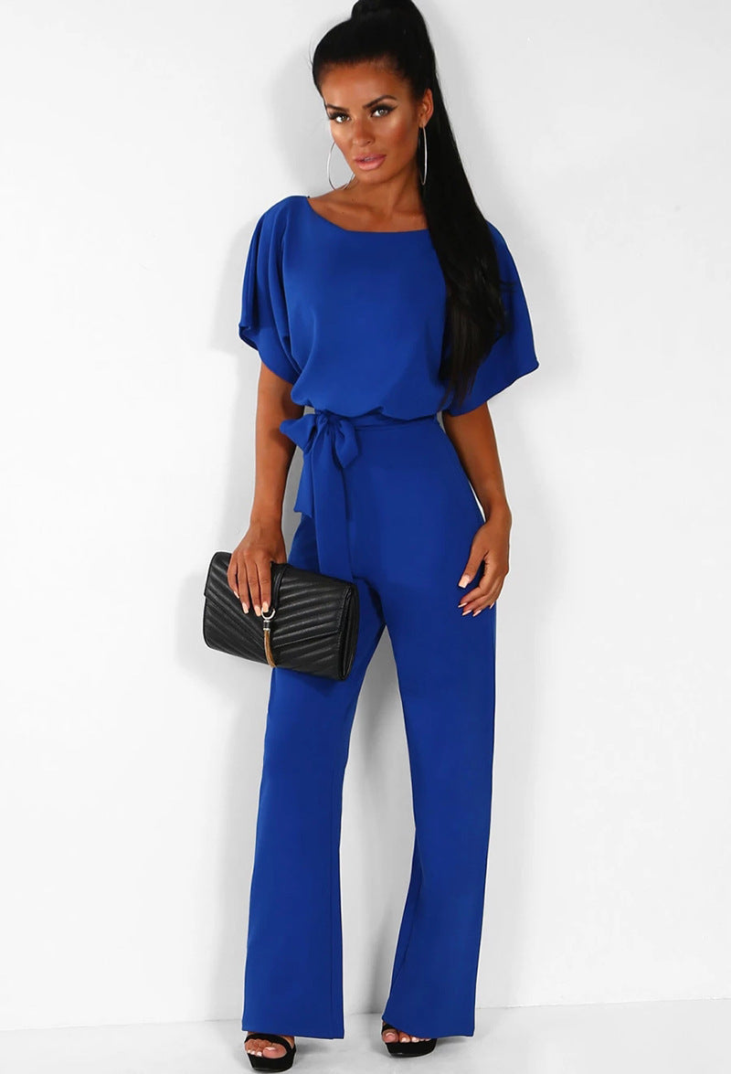 Lace-Up Button Short-Sleeve Jumpsuit