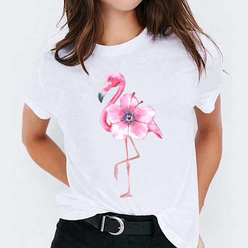 Cat Flamingo Round-Neck Print Short-Sleeve T-Shirt Short For Women