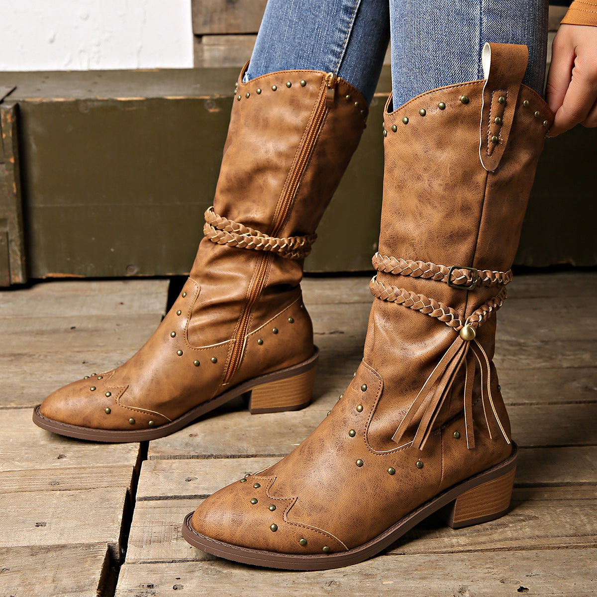 Retro Tassel Boots With Braided Strap Buckle