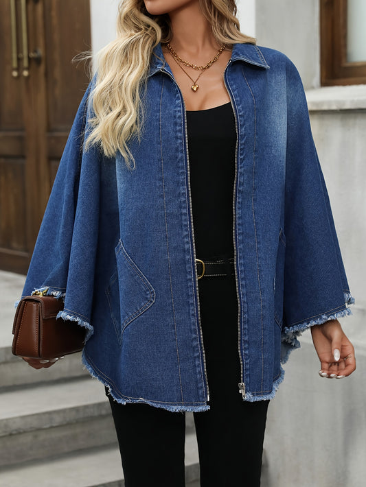 Raw-Hem Loose-Fit Zipper Batwing-Sleeve Oversize Elegant Denim Jacket