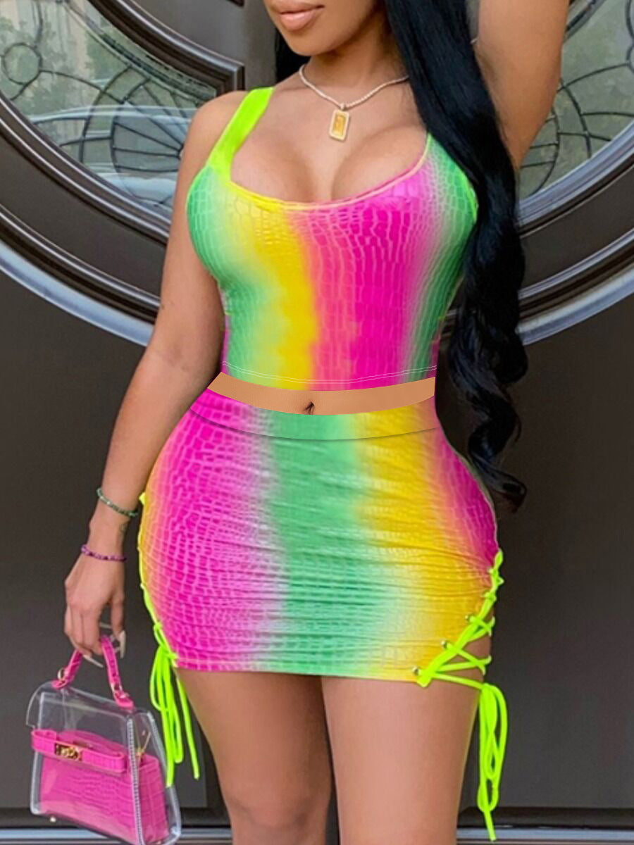 Explosion-Style Rainbow Strip Vest Cornice Two-Piece Set