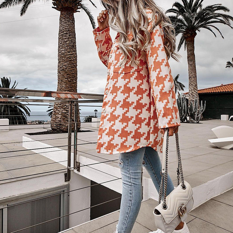 Loose-Fitting Long-Sleeve Houndstooth Woollen Coat