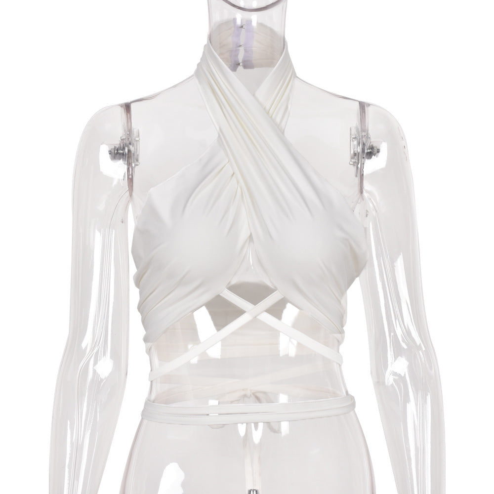 Solid-Colour Cross Halter Lace-Up Women's Top