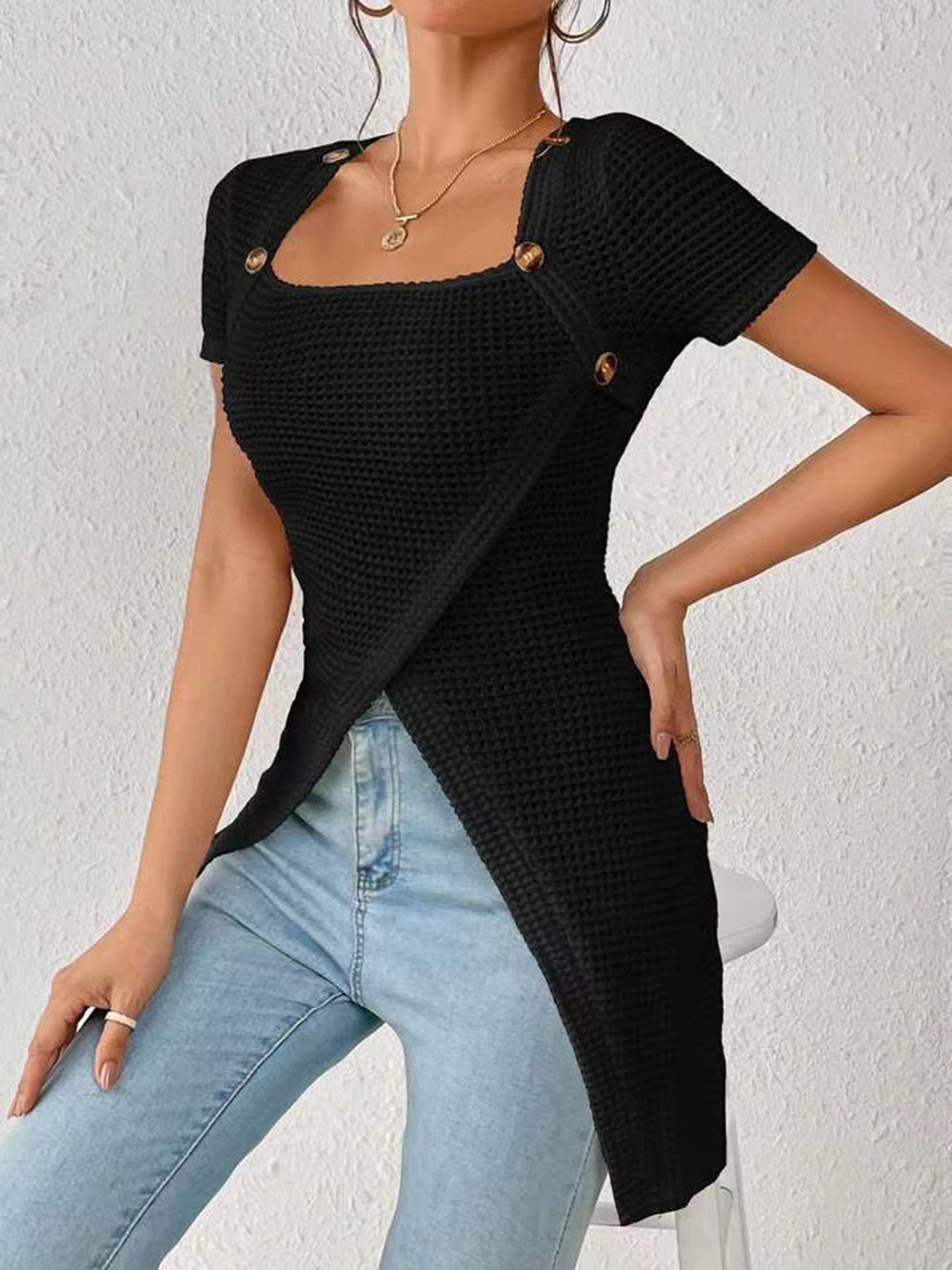 Women's Waffle Button Trim Long-Hem Slit Top