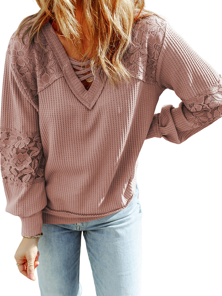 Lace Waffle Long-Sleeve Top