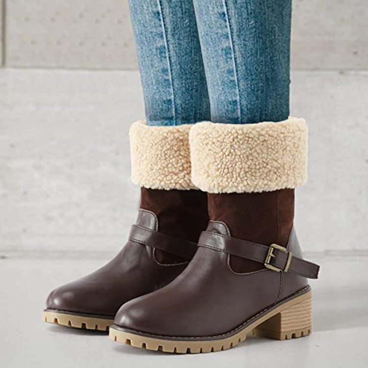 Fashion Round-Toe Boots With Buckle Chunky Heel