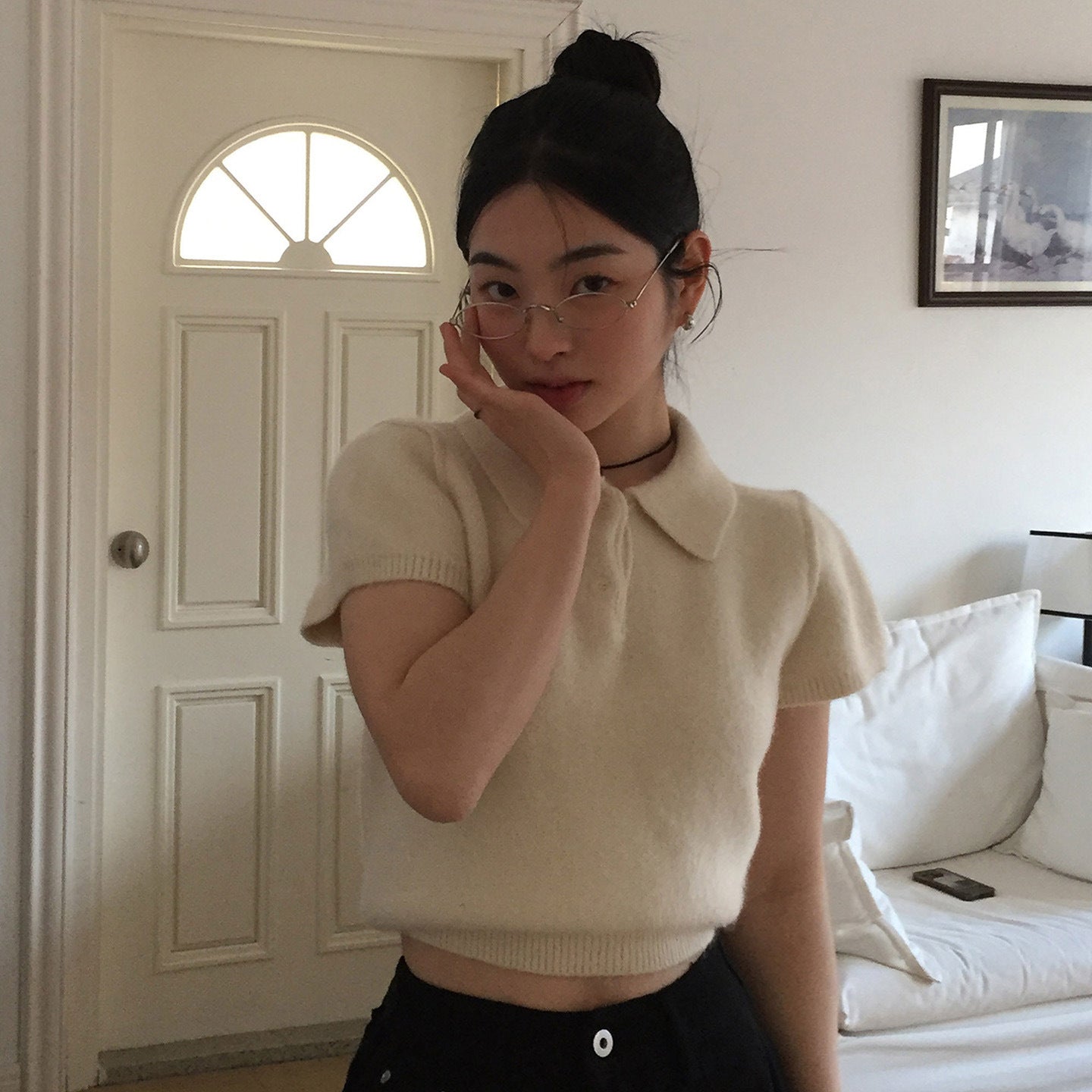 Youthful Polo-neck Two-button Short-sleeve Knit Sweater