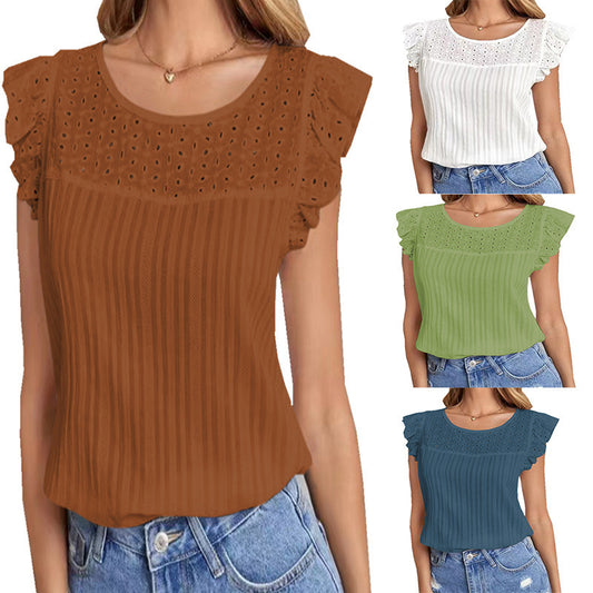 Patchwork Sleeveless Ruffled T-Shirt