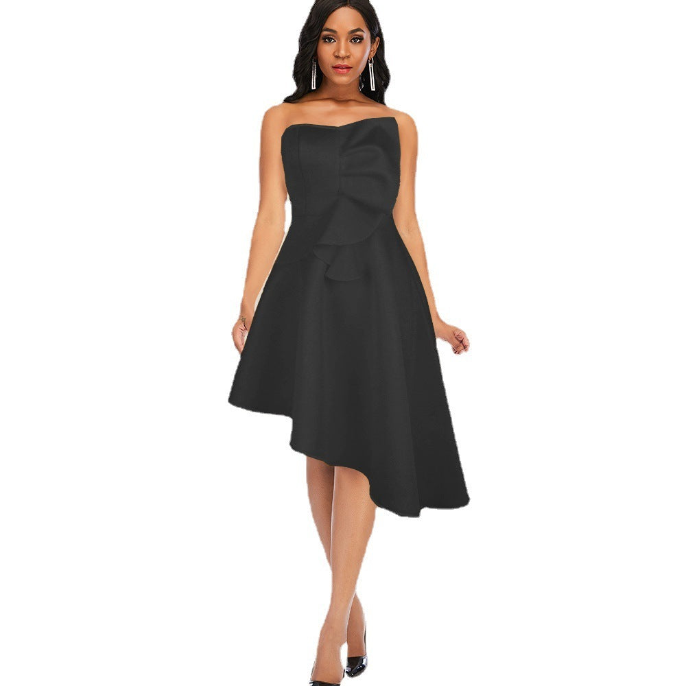 Chest-Wrap High-Waist Asymmetric-Hem Dress