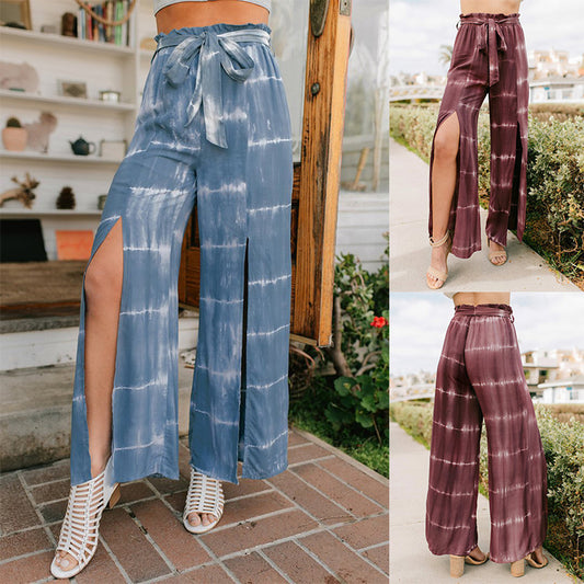 Lace-Up Tie-Dye Print Wide-Leg Trousers for Women