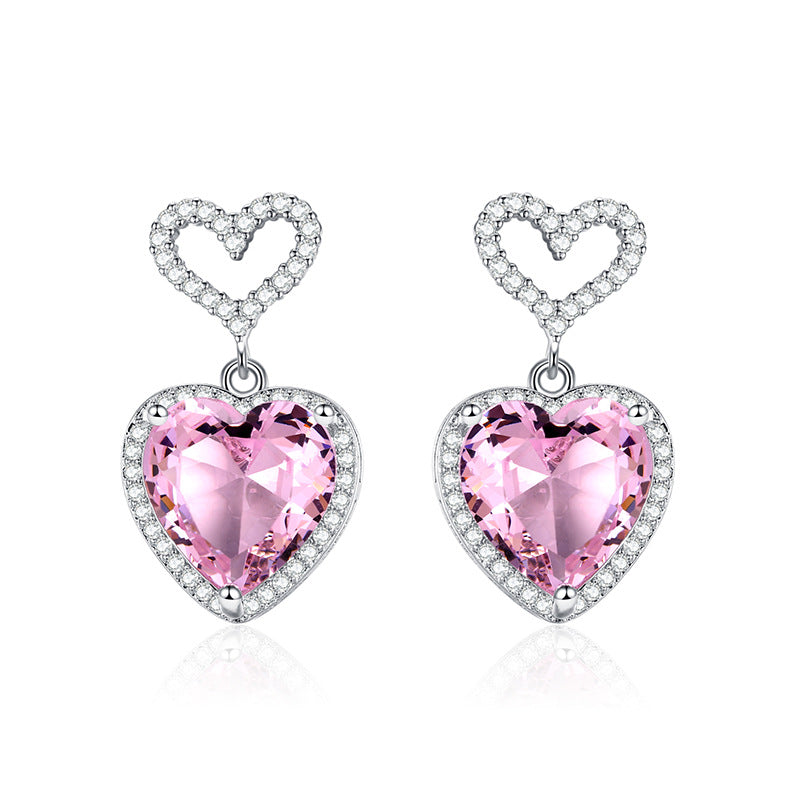 New Light Luxury Premium Feeling Pink Crystal Heart Earrings For Women