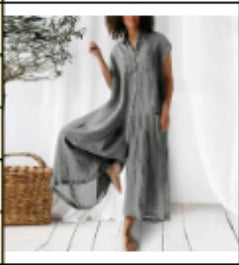 Europeanstyle Womens Casual Solid-colored,Short-sleeved, Mediumlength Cottonlinen Shirt And Pants Set