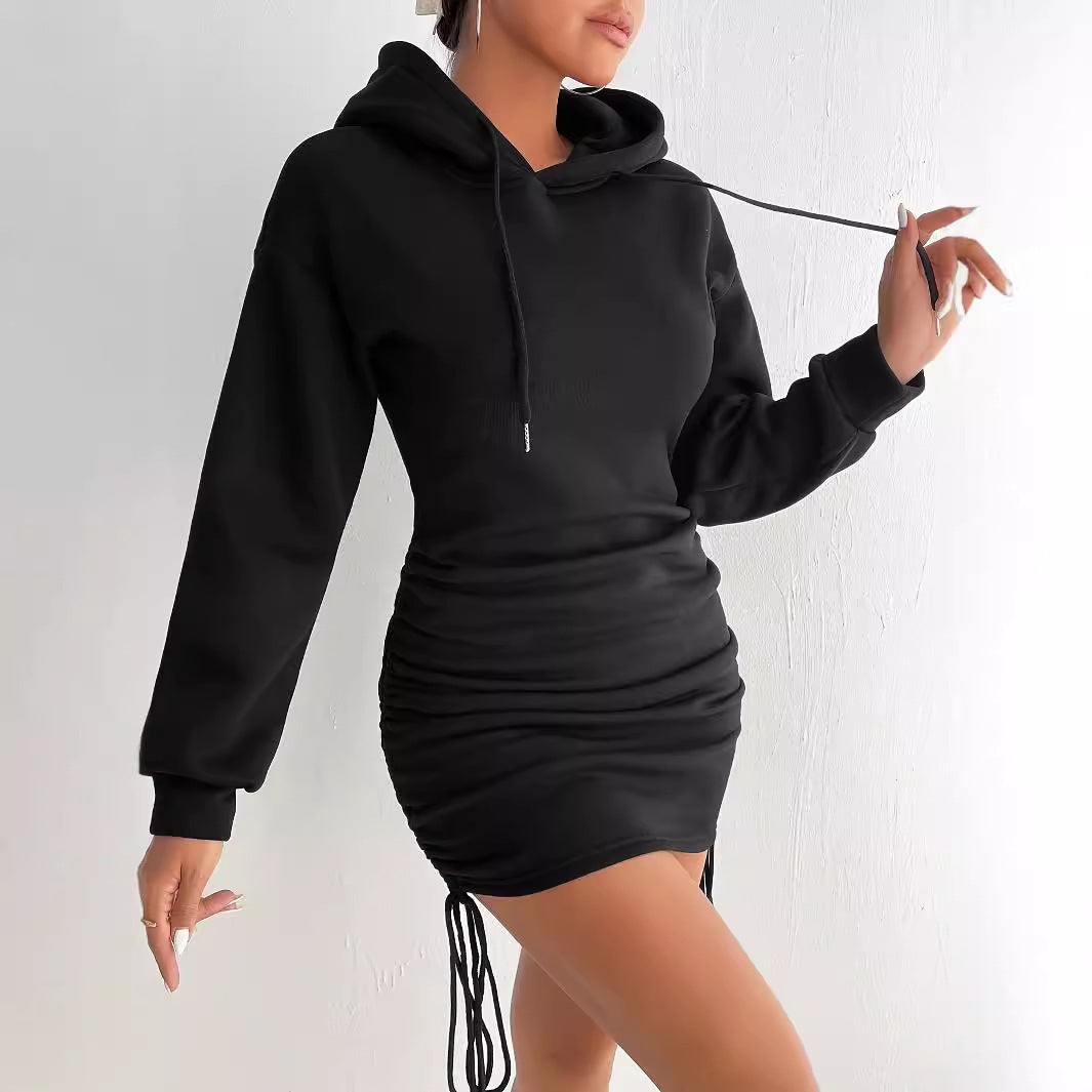 Side-Drawstring Pleated Hooded Sweater Dress