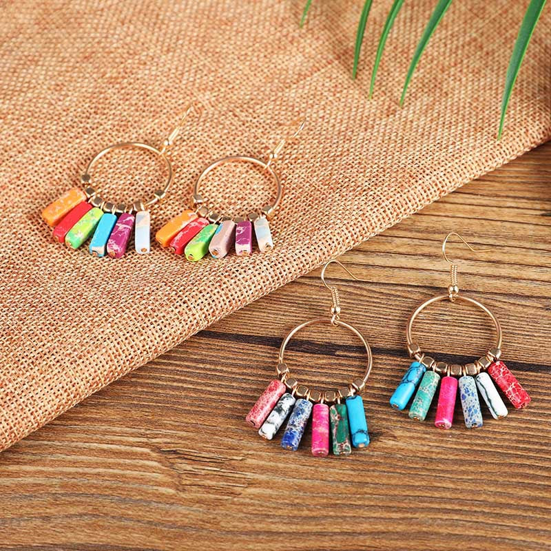 Large Hoop Earrings - Colourful Bohemian Natural Turquoise Pendant Hoop Earrings