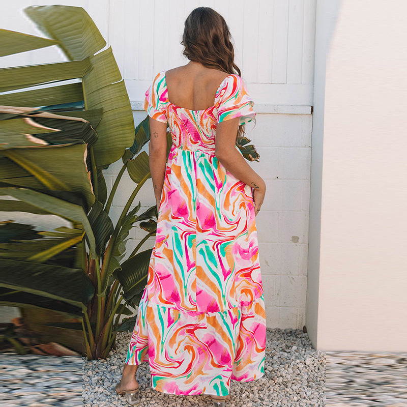 European And American Fashion All-match Abstract Printing High Waist Dress