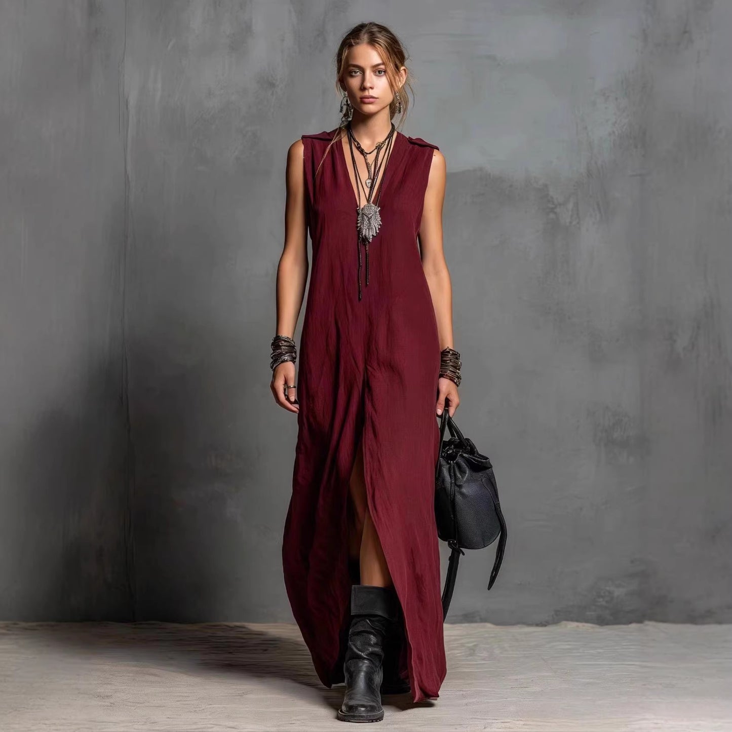 Womens Split Long Sleeveless V-Neck Dress