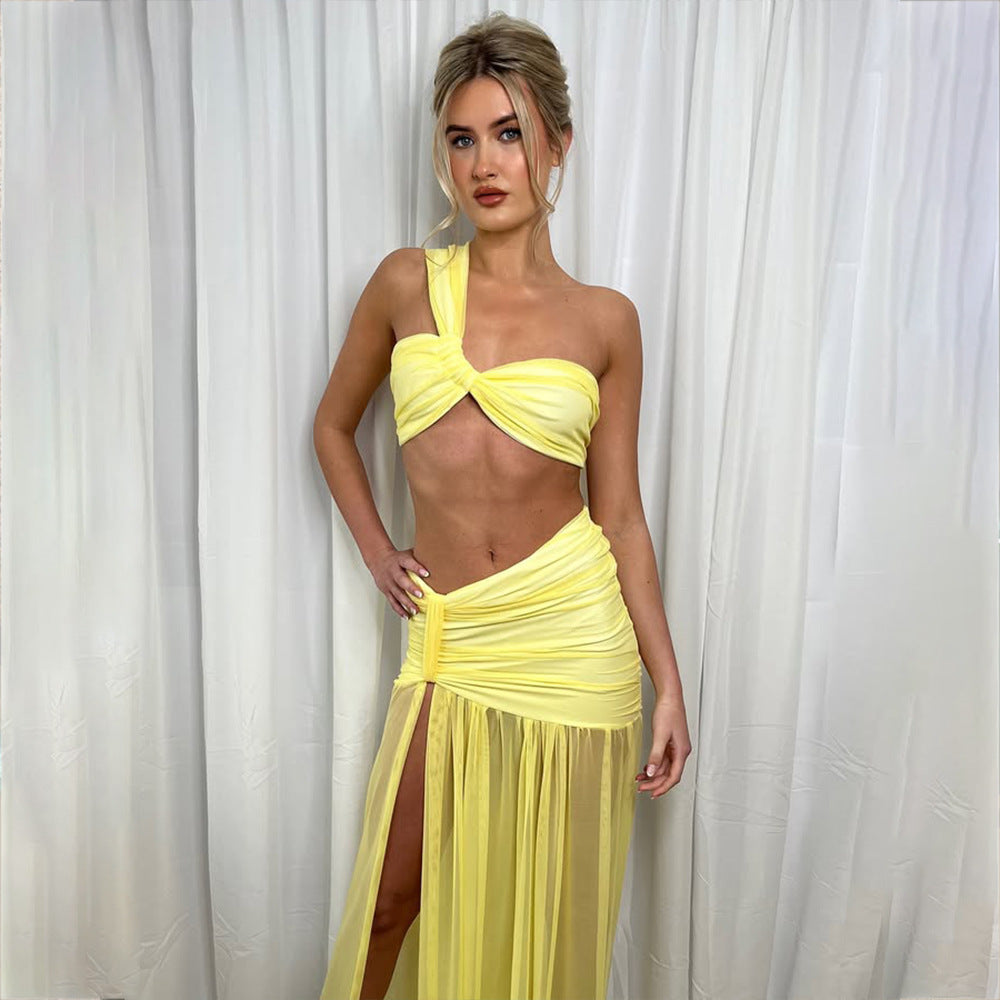 Mesh One-Shoulder Top Pleated Outfit