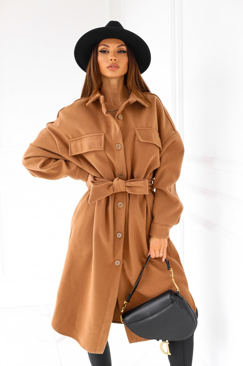 Long-Sleeved V-Neck Button Coat