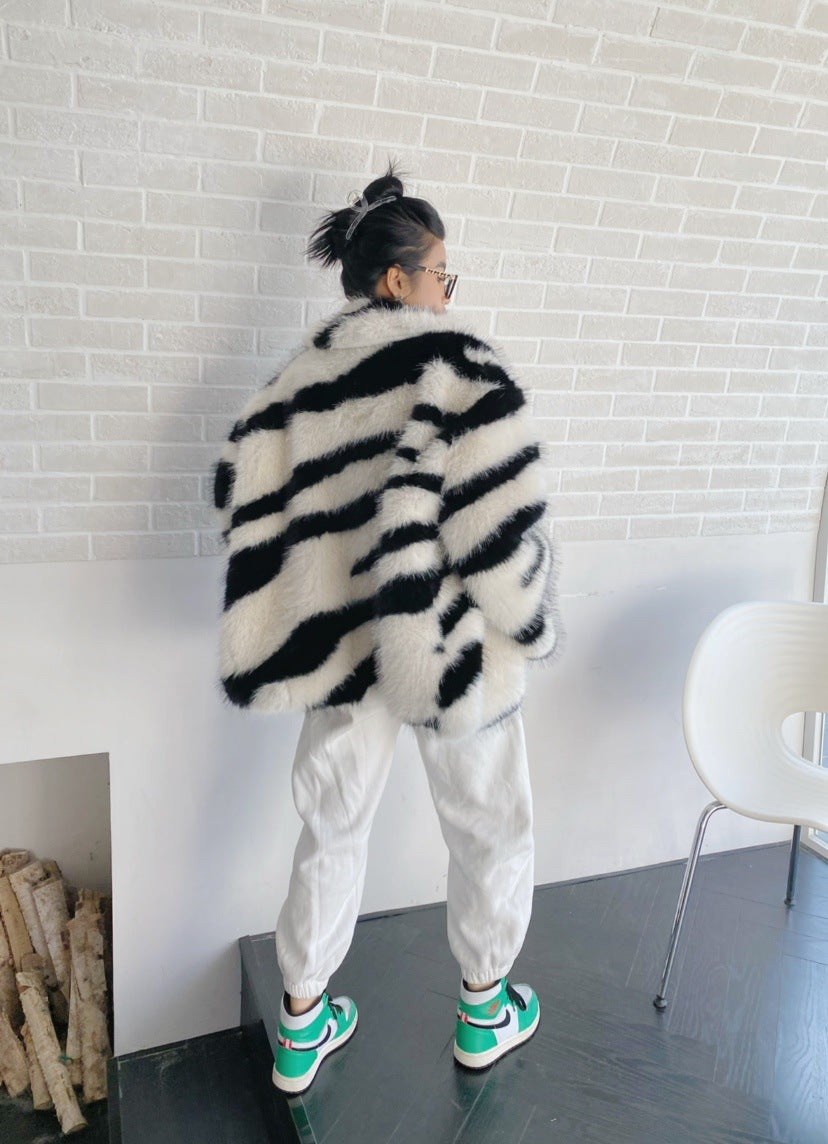 Women's Polo-Collar Faux Fur Coat